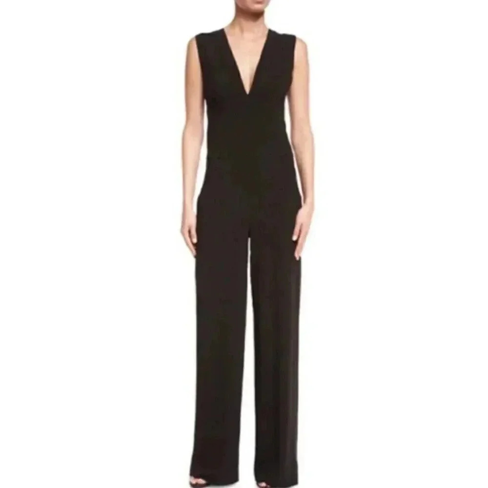 Halston Heritage black V-neck jumpsuit open back sleeveless size 10 D9
